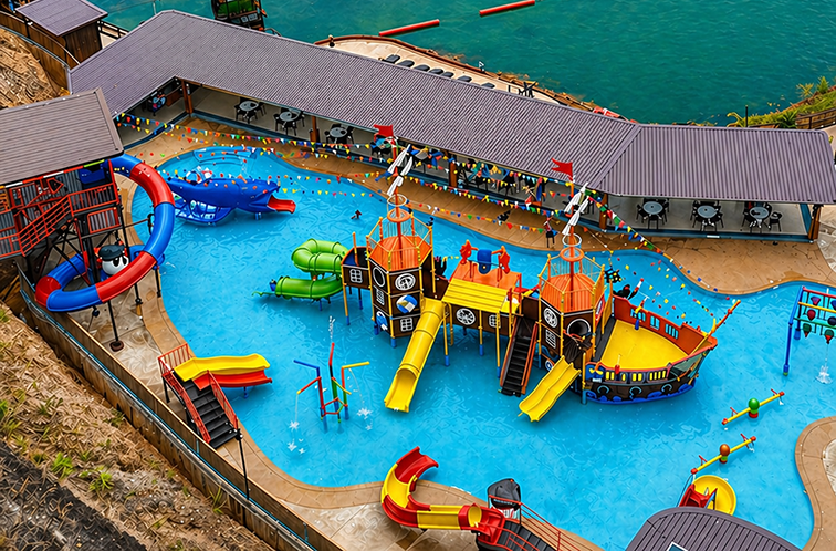 kids zone water playground at Grand Canyon Water Park Chiang Mai Thailand with slides and shallow pool